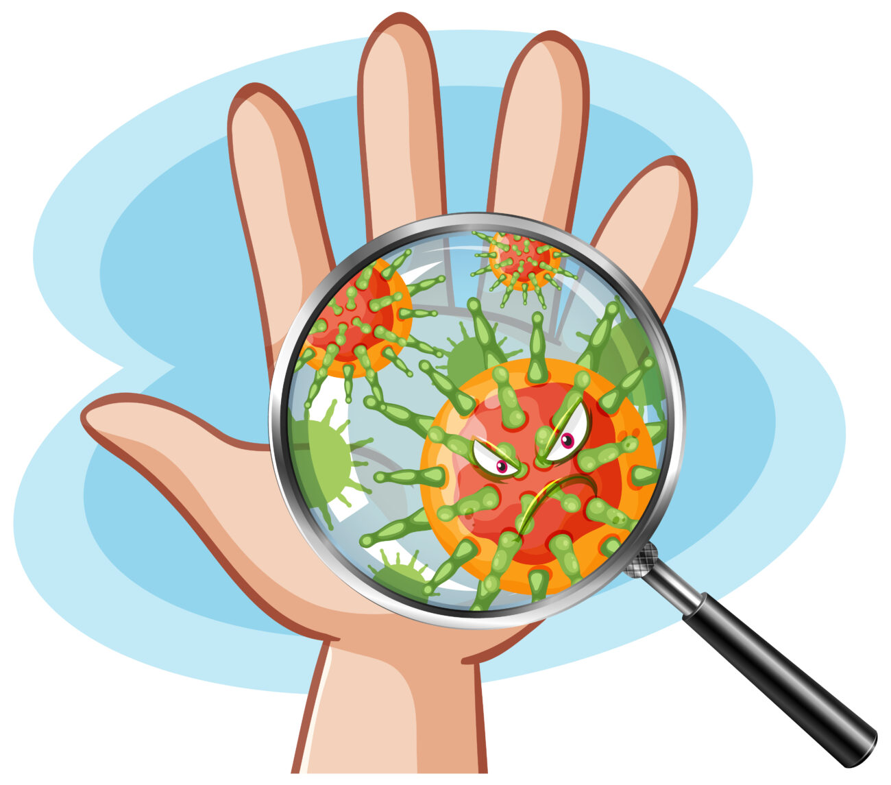 a hand with germs under magnifying glass